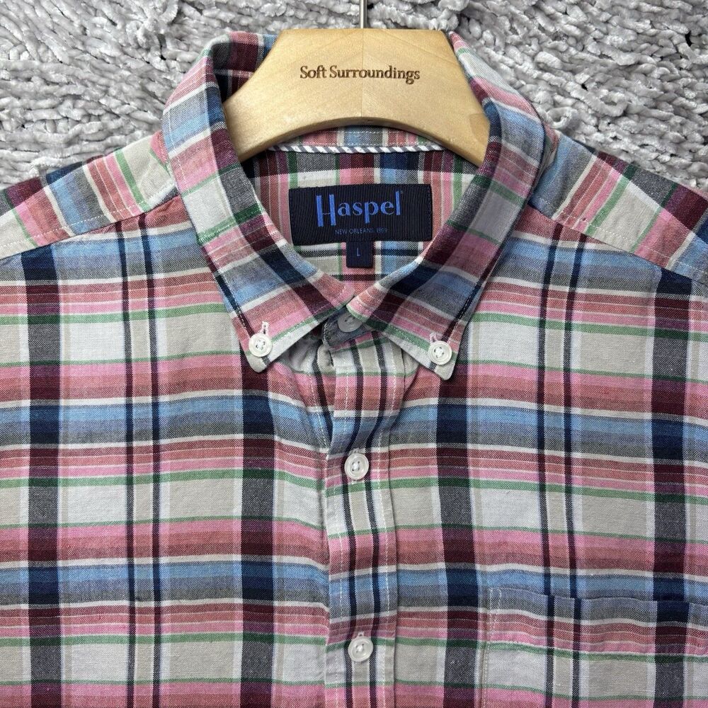 Haspel New Orleans Linen Shirt Mens Large Short Sleeve Plaid Beach Summer Preppy
